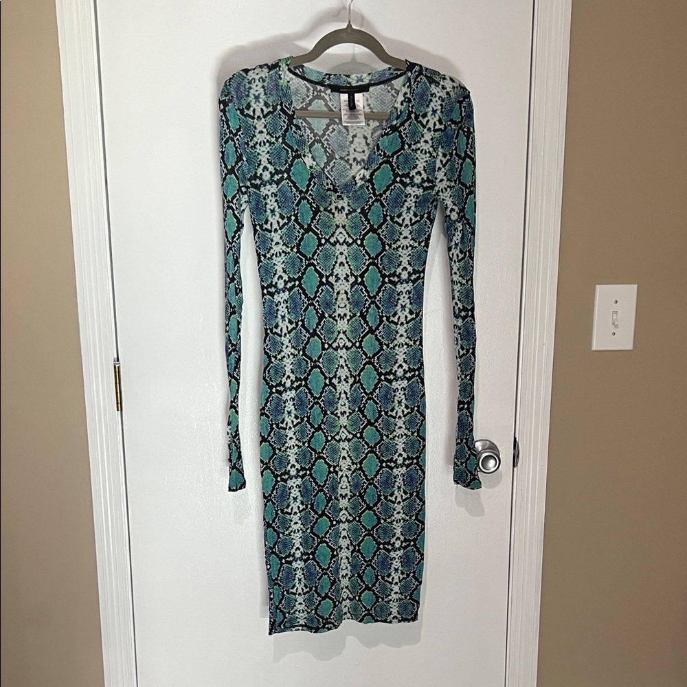 BCBGMaxAzria Teal and Black Snakeskin Long Sleeve Dress